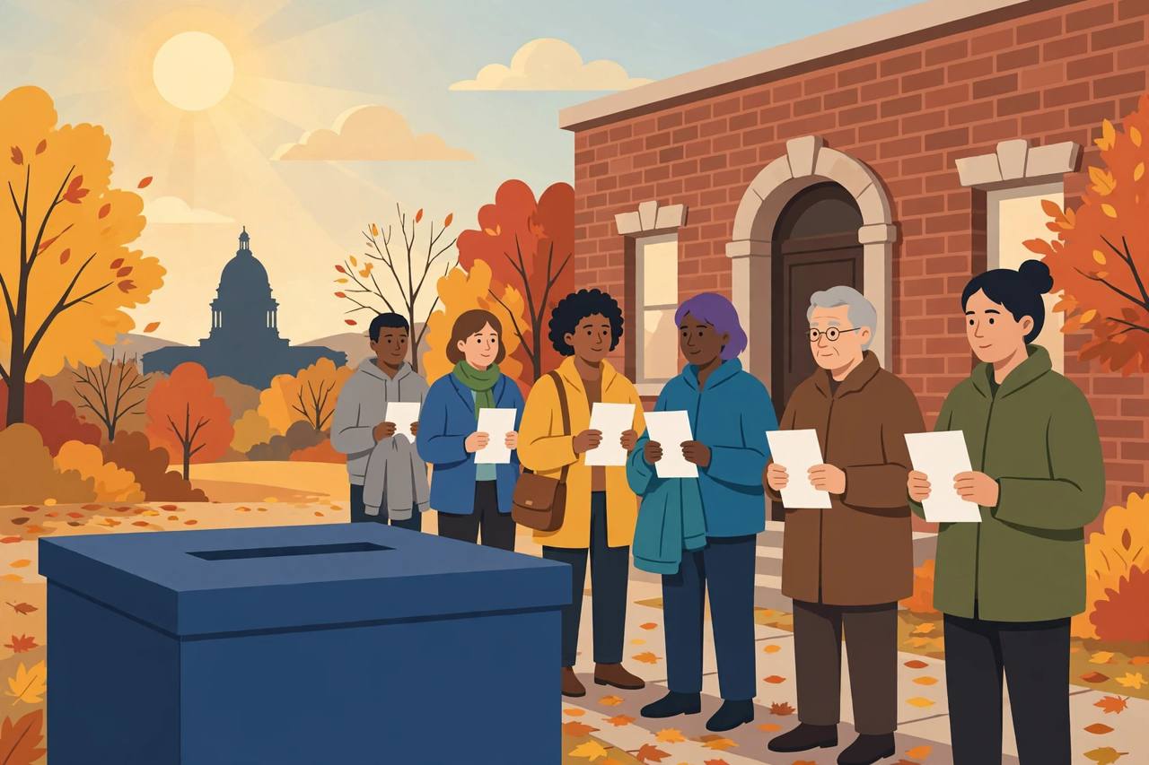 Editorial illustration of a line of voters holding blank ballot papers outside a brick Virginia polling place in autumn, with a ballot box in the foreground and a capitol dome in the distance, in a flat style