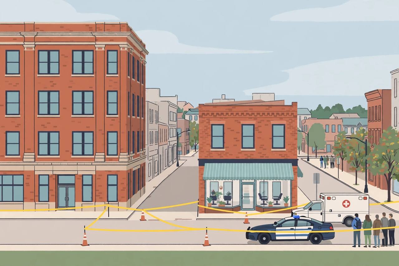 Editorial illustration of a downtown Richmond street with a brick office building, a hair salon storefront, police tape, a police car and an ambulance