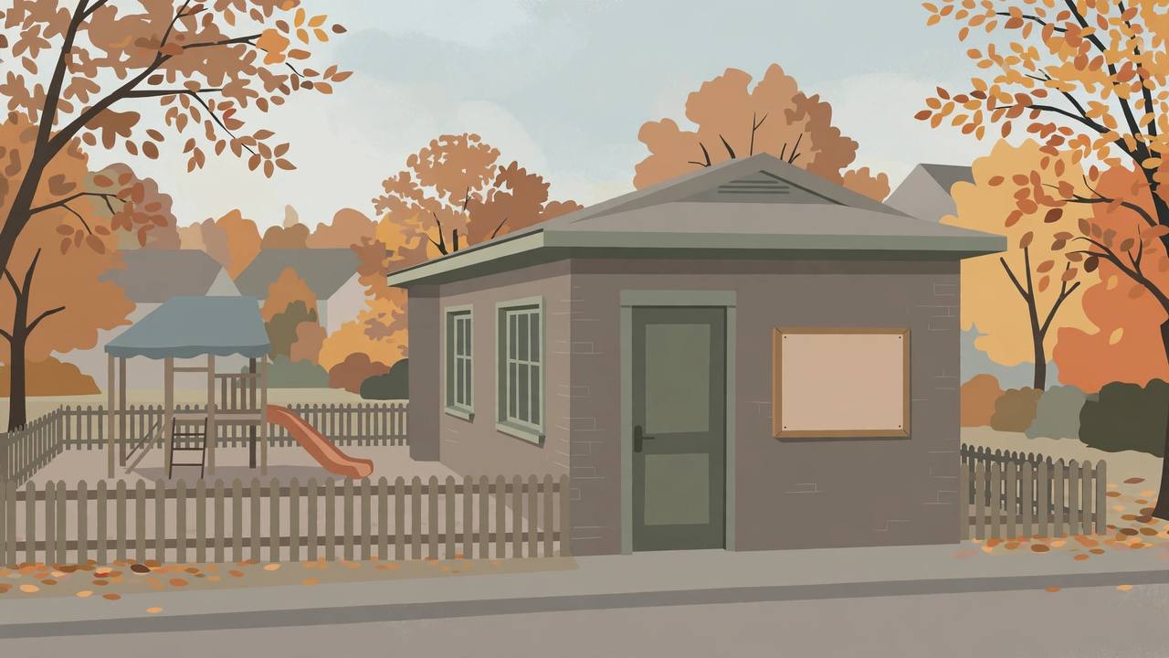 Editorial illustration of a small closed childcare centre building with an empty fenced play yard in autumn, flat style, no person depicted
