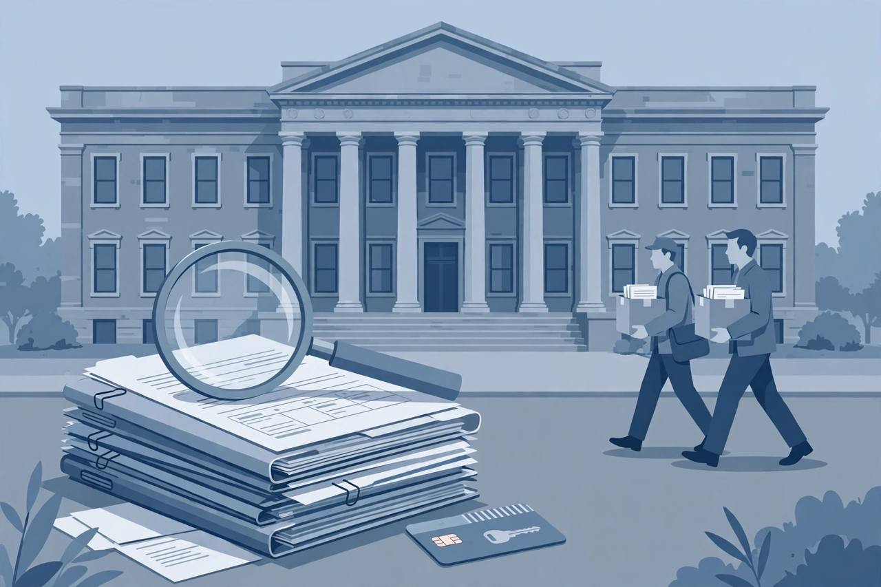 Editorial illustration of a federal courthouse in Richmond, Virginia with medical billing folders, a magnifying glass over an invoice and a hotel key card on the steps