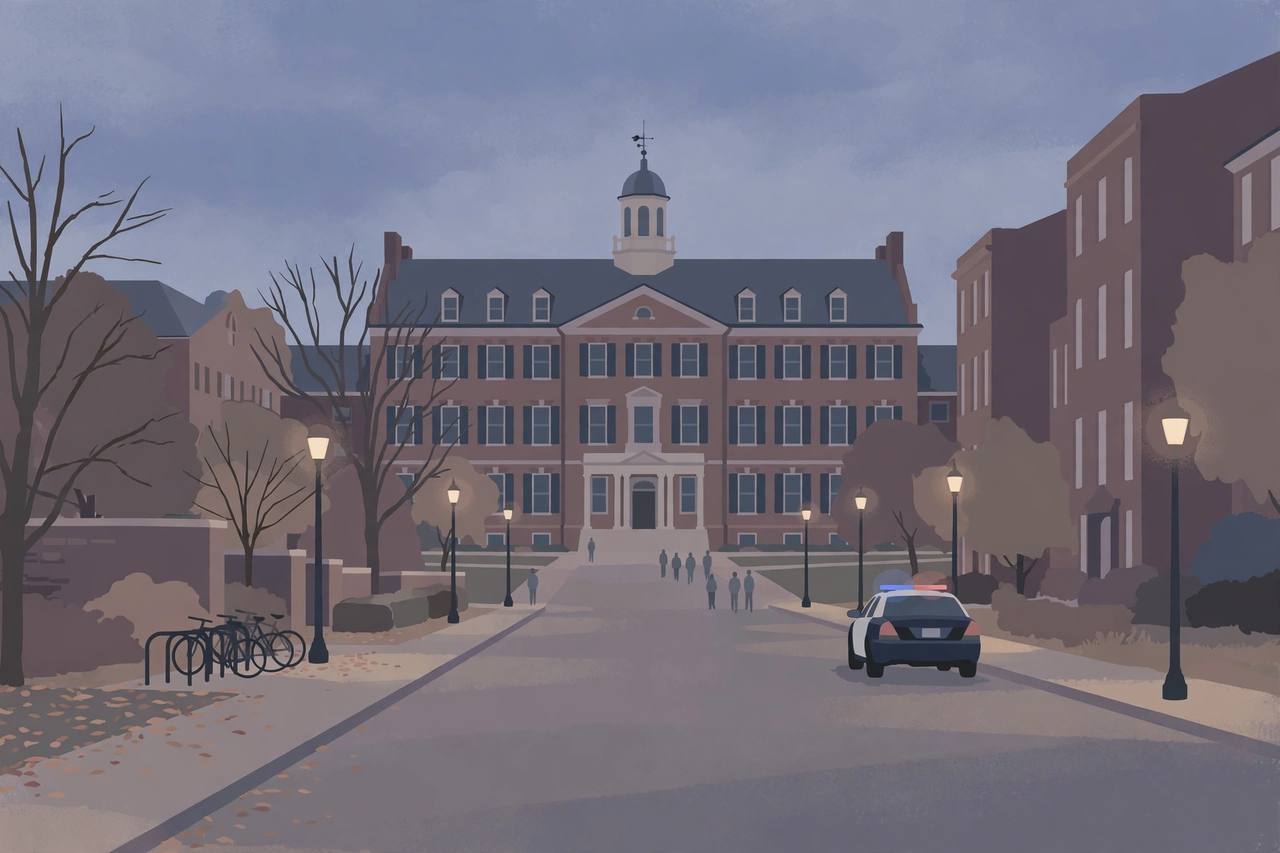 Editorial illustration of a quiet university campus street at dusk with a historic brick hall and a police car parked at a distance; no incident depicted
