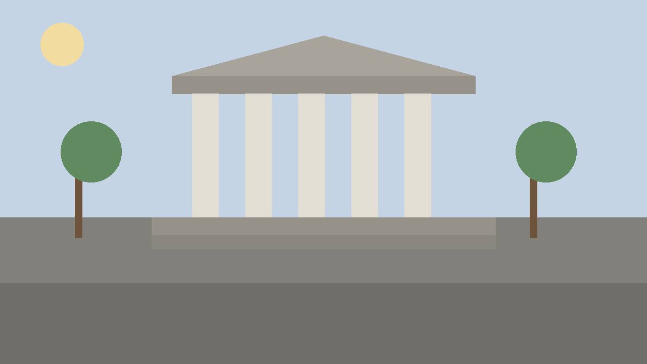 Editorial illustration of a generic courthouse with columns and steps, flat style, no people, no text, no real building depicted