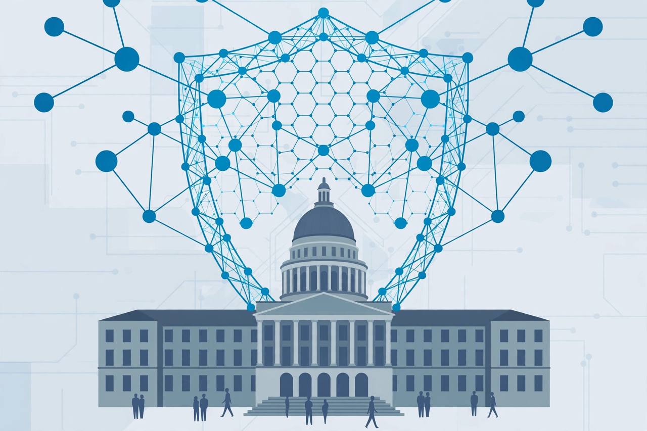 Editorial illustration of a generic state capitol building protected by a digital shield and network nodes, symbolising cybersecurity