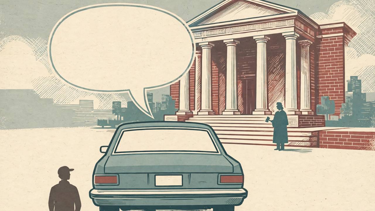 Editorial illustration of a sedan with a blank license plate and a speech bubble, with a courthouse in the background