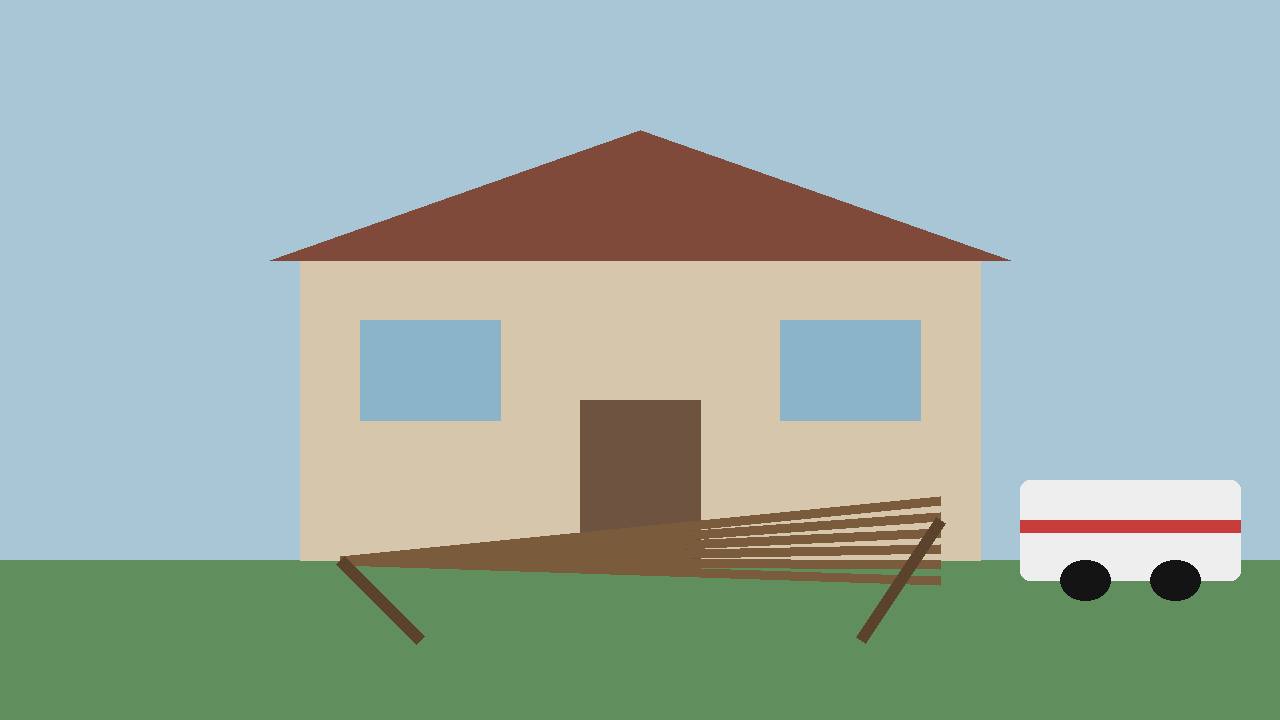 Editorial illustration of a generic house in Williamsburg, Virginia, with a tilted rear deck and an ambulance parked at a distance; no people are depicted and no injuries are shown