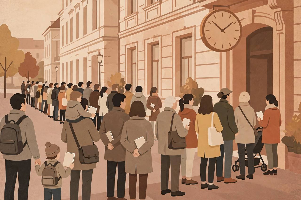 Editorial illustration of generic families waiting in a long queue outside a consular office with a wall clock, flat style, no real person depicted