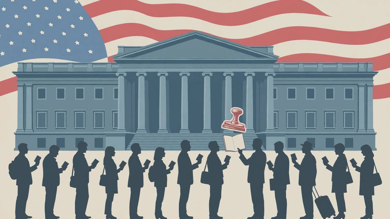 Editorial illustration of travellers with passport booklets queueing in front of a US government building under an American flag