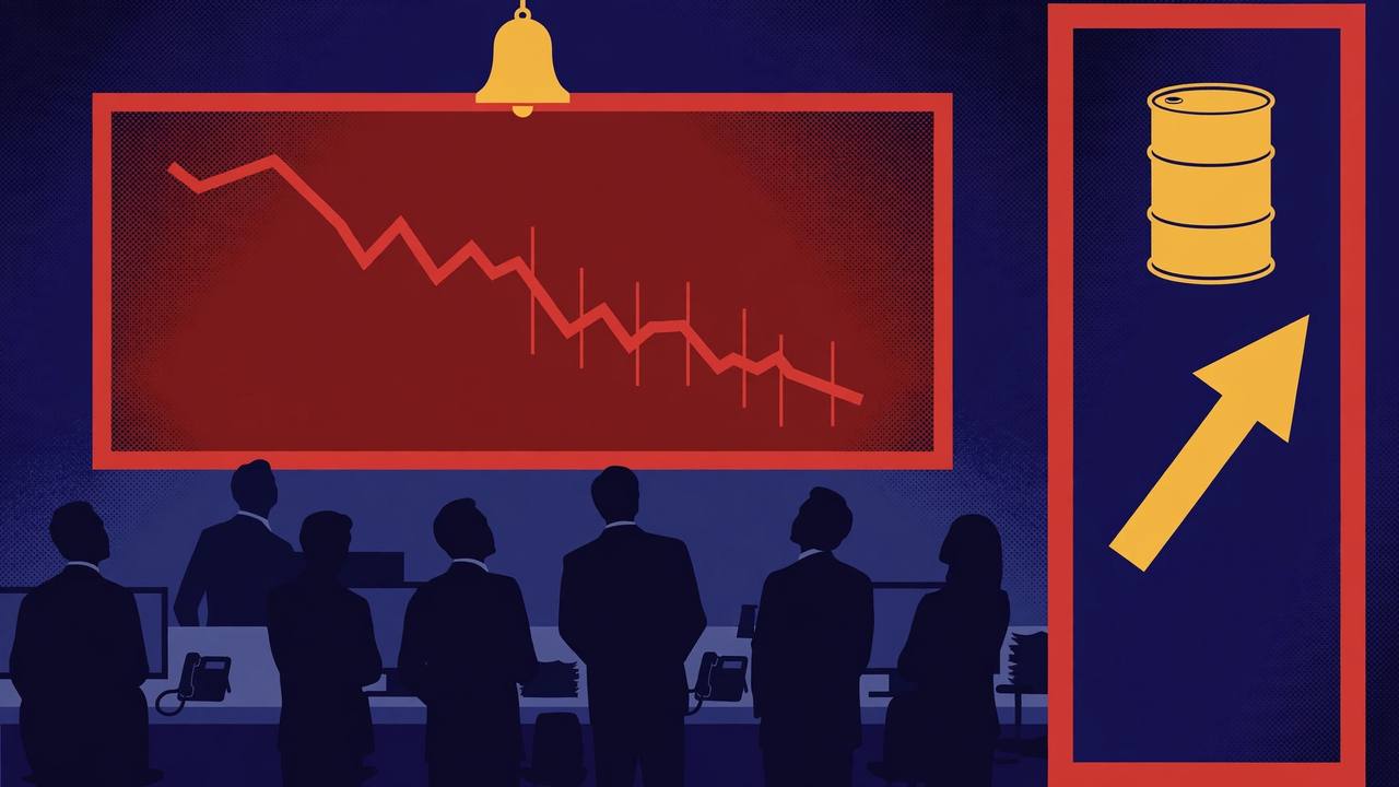 Editorial illustration of a Wall Street trading floor at the closing bell, traders watching a large board with a red downward-trending chart while an oil barrel panel rises