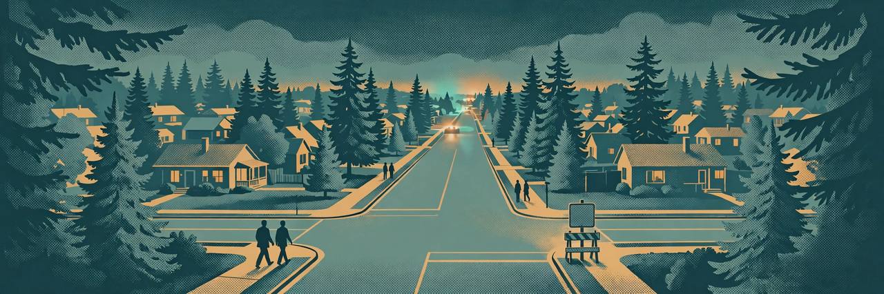 Editorial illustration of a tree-lined residential intersection in Auburn, Washington at night; the crash itself is not depicted