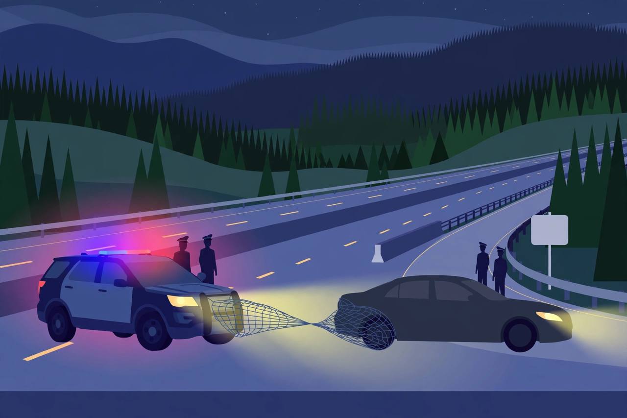 Editorial illustration of a patrol SUV at night on Interstate 5 in Washington deploying a grappler net that snares the rear wheel of a fleeing sedan, with evergreen forest and hills behind