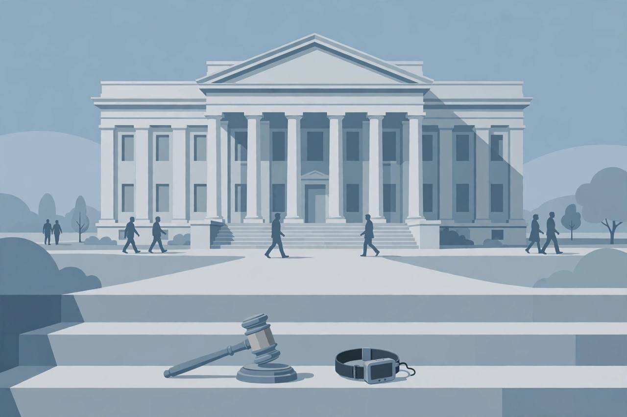 Editorial illustration of a courthouse, a gavel and an electronic ankle monitor, generic figures only, no real person depicted