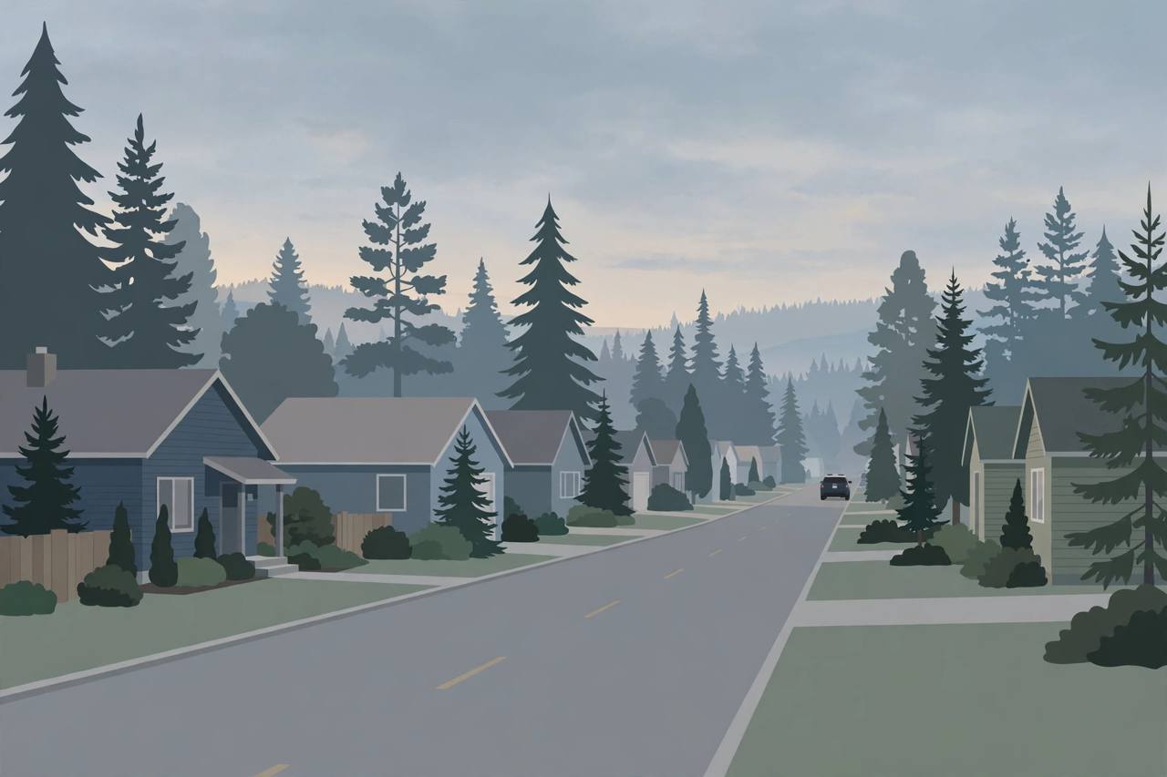 Editorial illustration of a quiet Burien residential street at dawn with evergreen trees and a distant patrol vehicle; no real person is depicted and the incident itself is not shown