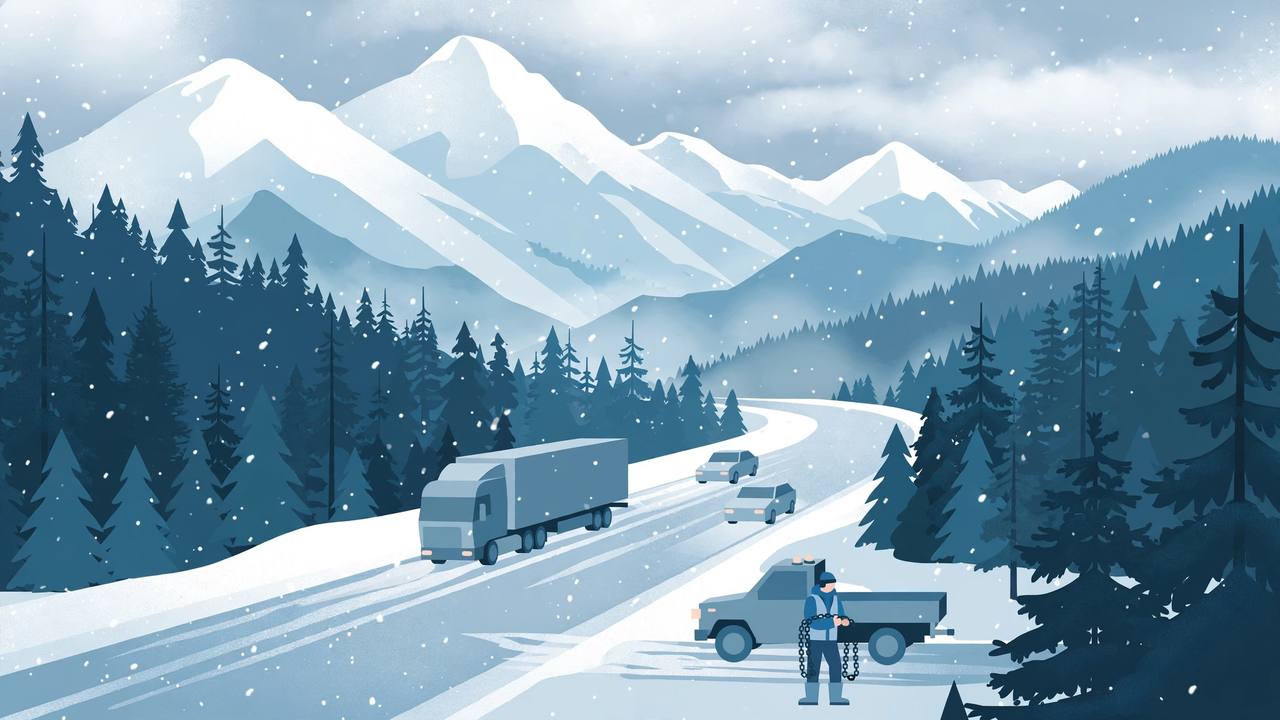 Editorial illustration of snow over a Cascade mountain highway pass, a generic semi truck and cars on a slick road, and a figure holding tire chains