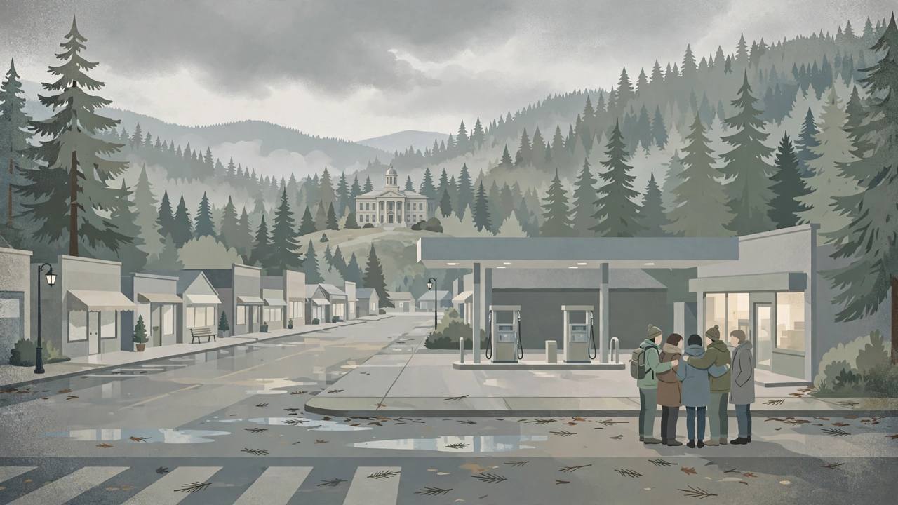 Editorial illustration of a small Pacific Northwest town main street with a gas station and neighbours standing together in support