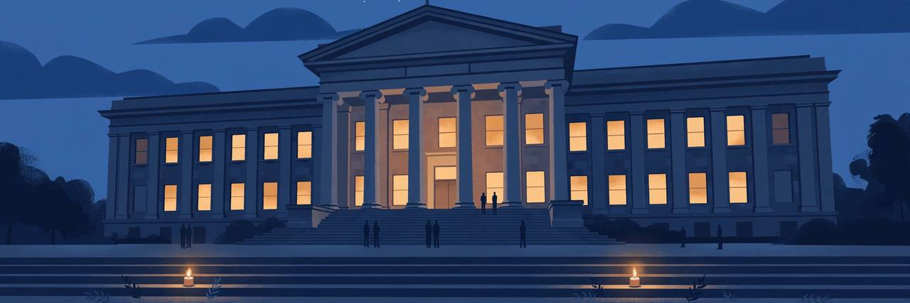 Editorial illustration of a Washington DC courthouse with columns at dusk, lit windows and two memorial candles on the steps, flat style, distant generic silhouettes with no facial features, no text and no real person's face