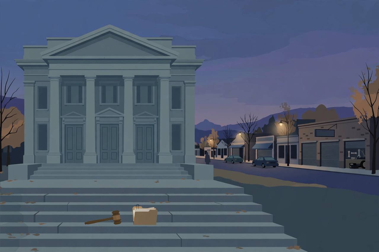 Editorial illustration of a courthouse at dusk in a small Washington city, with a gavel and case file on the steps