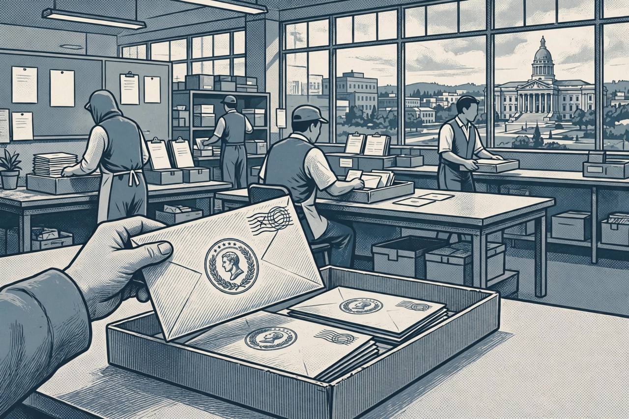 Editorial illustration of election workers sorting mail ballot envelopes into a separate tray inside a Washington election office, with a capitol building visible through the window