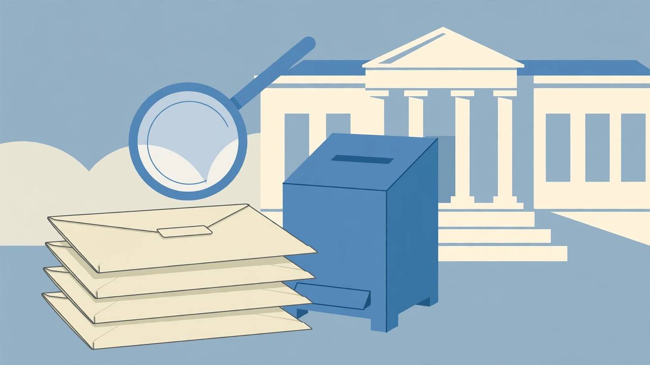 Editorial illustration of mail ballot envelopes and a ballot box in front of a courthouse, flat style, no real person