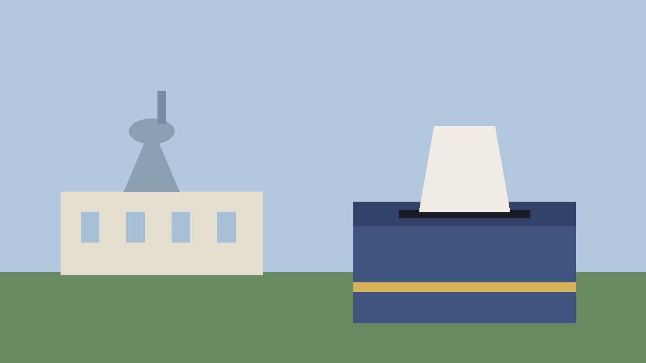 Editorial illustration of a generic state capitol dome in the distance and a ballot box with a blank ballot paper in the foreground, flat style, no real person or place, no text