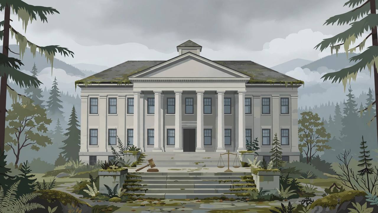 Editorial illustration of a Pacific Northwest county courthouse with a gavel and scales of justice on the steps, no people pictured