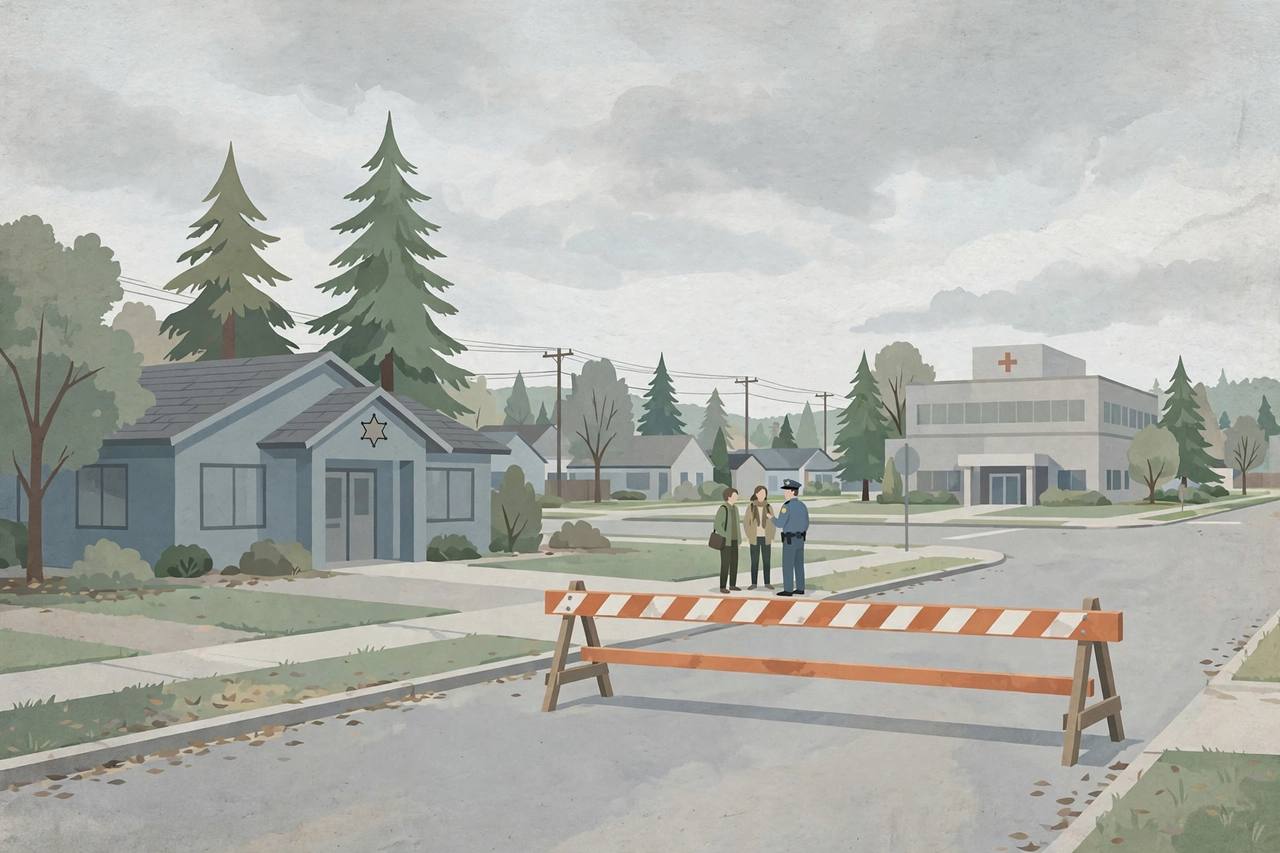 Editorial illustration of a quiet Everett street with a road closure sign, a generic sheriff's office and a hospital building, no crash or person in distress depicted