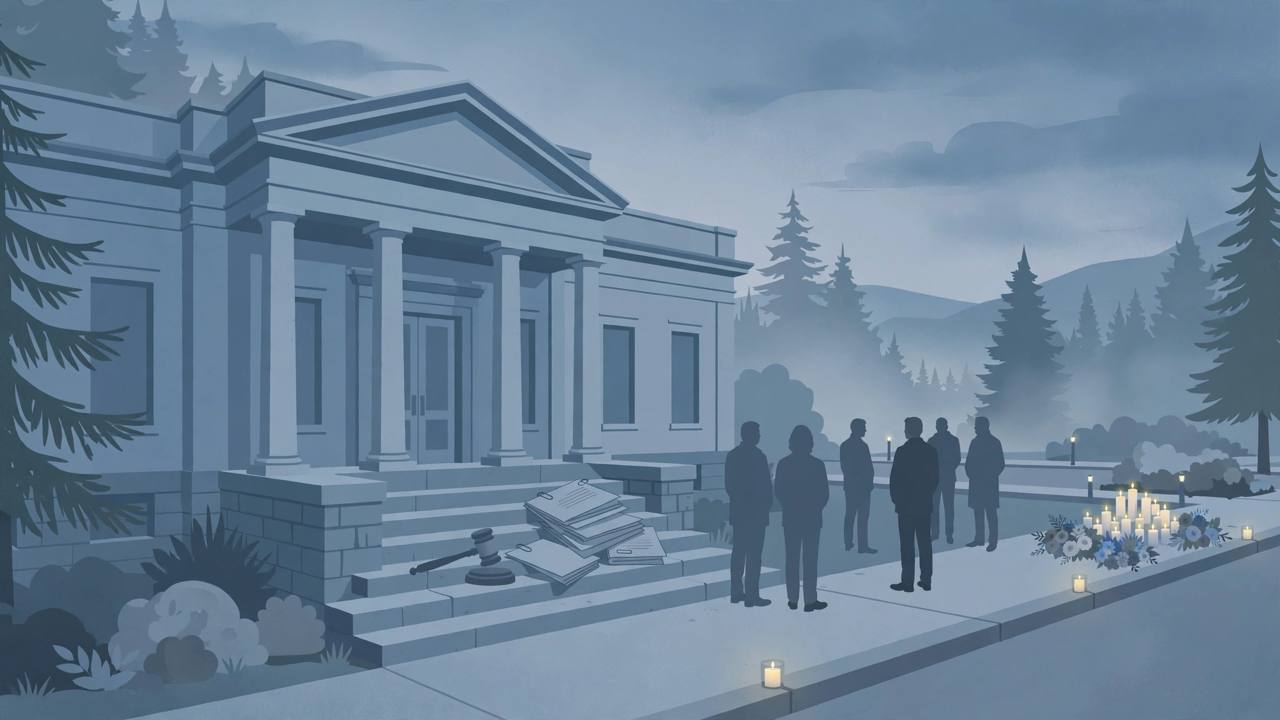 Editorial illustration of a Pacific Northwest courthouse at dusk with legal papers and a gavel on the steps and a candlelit memorial with flowers on the sidewalk