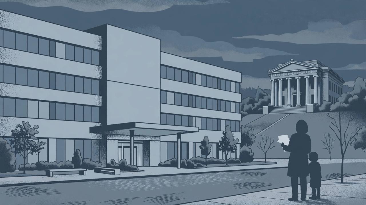 Editorial illustration of a hospital building at dusk with a courthouse in the background and a generic family silhouette holding papers, flat style, no real person depicted