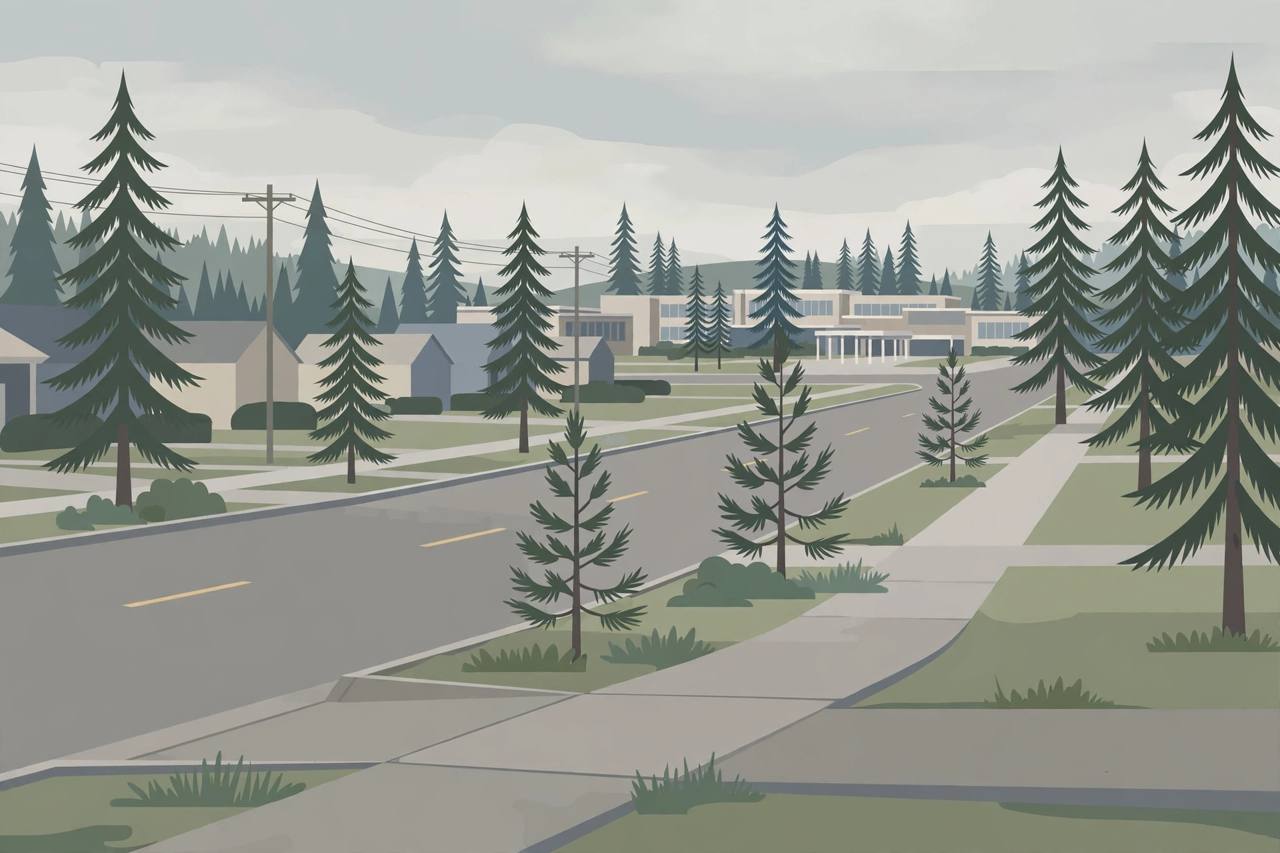 Editorial illustration of a quiet suburban sidewalk and street in Federal Way, Washington with pine trees and a school building in the distance; no crash, vehicle or person depicted