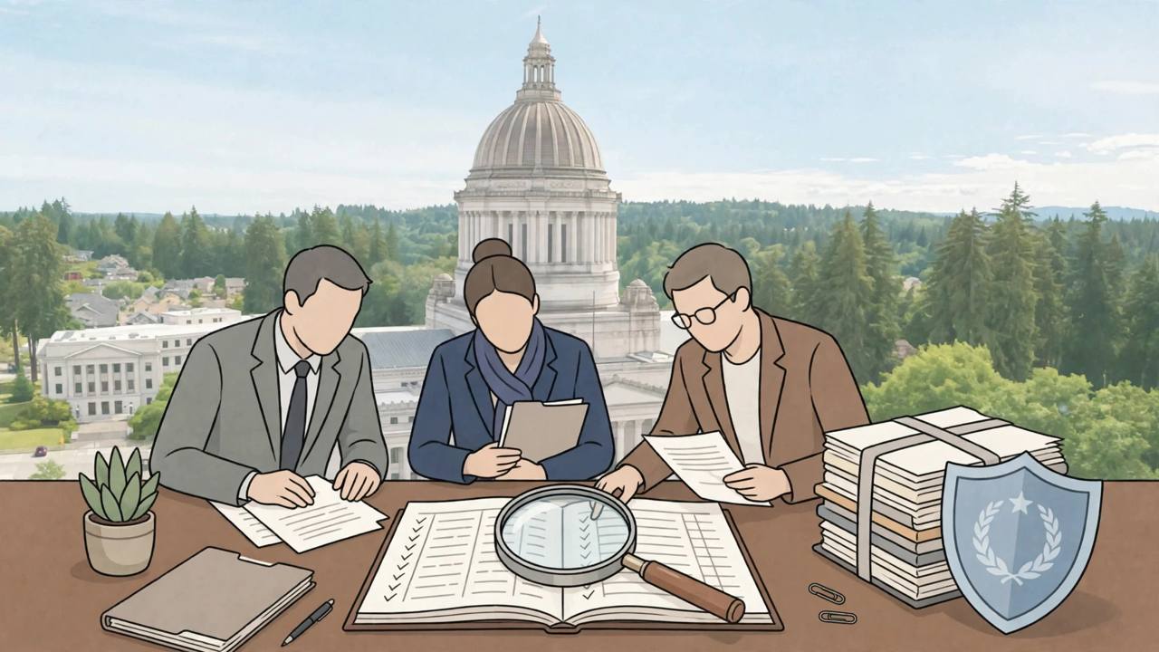 Editorial illustration of the Washington State Capitol dome in Olympia with a magnifying glass over public-funds ledgers and a shield protecting state documents