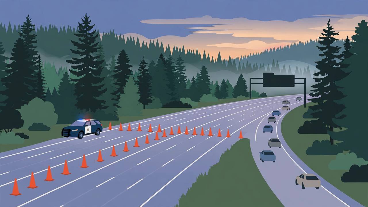 Editorial illustration of Interstate 5 in Washington state at dusk with southbound lanes closed by traffic cones, a generic state patrol vehicle and traffic diverting onto an exit ramp among evergreen trees, flat style, no crash and no person depicted