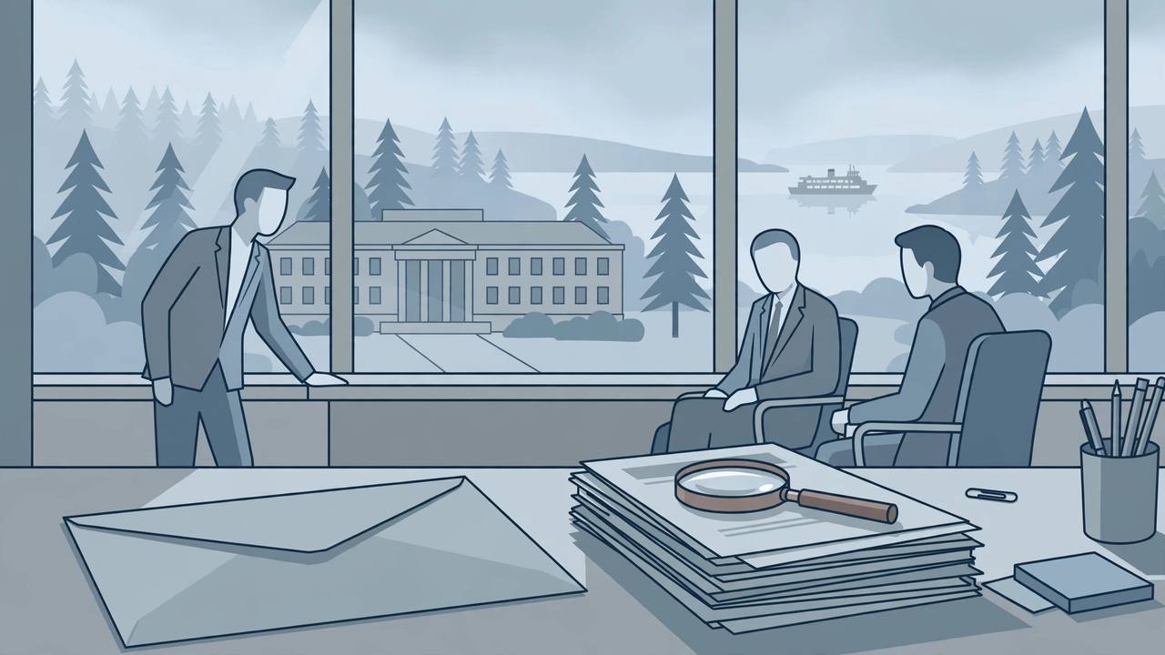 Editorial illustration of a generic oversight office with an official envelope, documents and a magnifying glass, a government building and pine trees outside the window, flat style, no real person