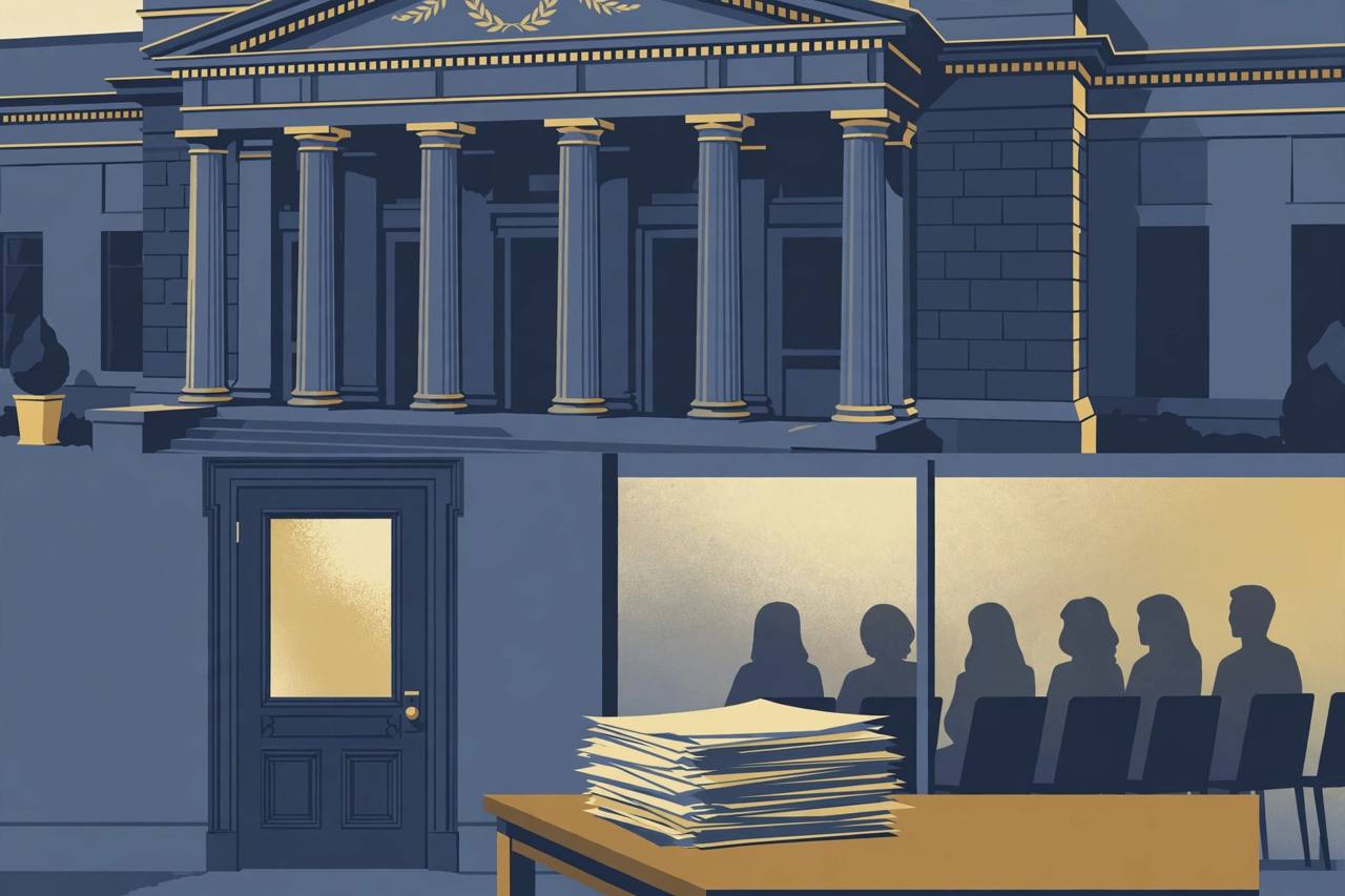 Editorial illustration of a Washington federal courthouse with a closed grand jury room door and unsigned legal documents