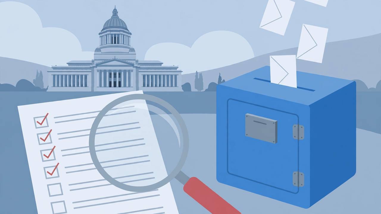 Editorial illustration of a ballot drop box with mail envelopes, a checklist under a magnifying glass, and the Washington state capitol dome