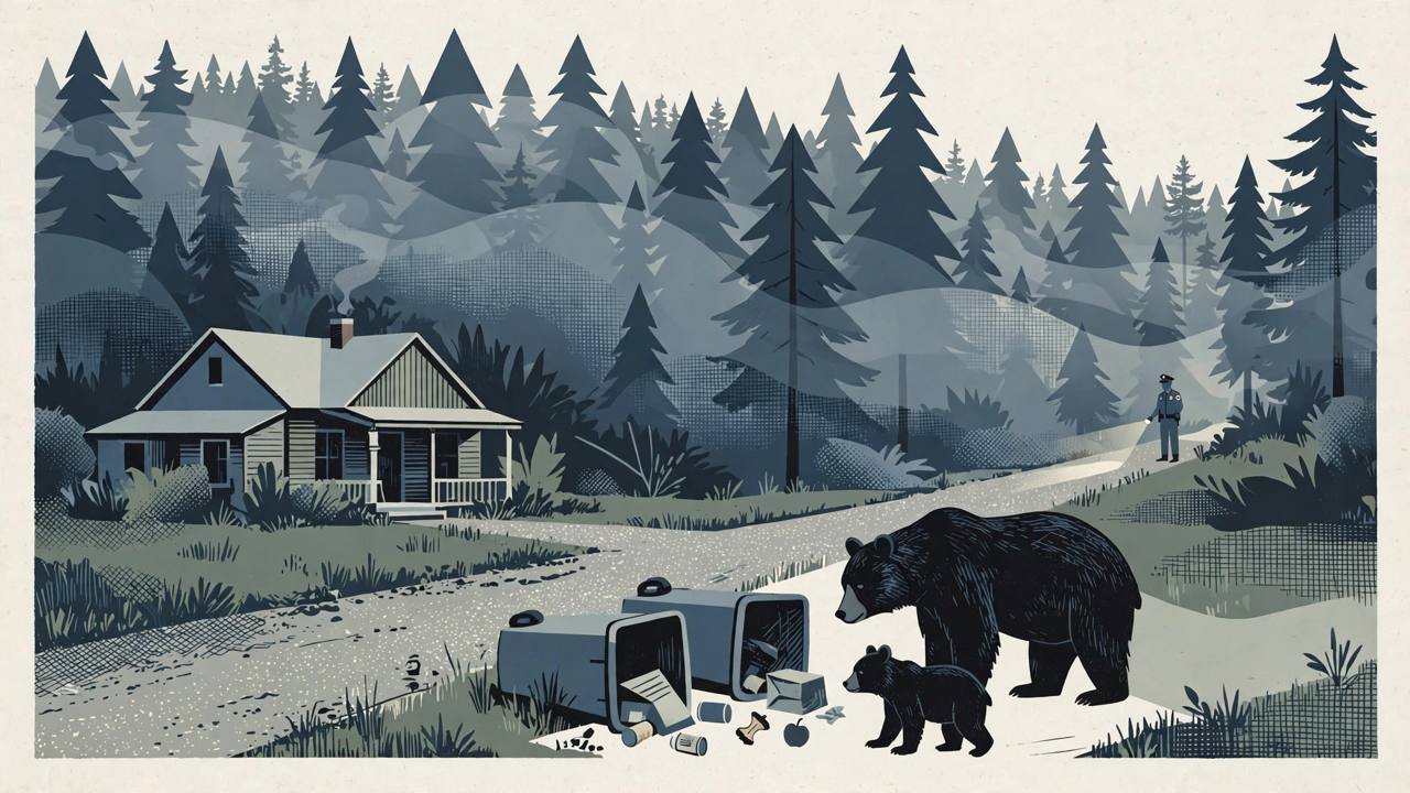 Editorial illustration of a black bear and cub near overturned garbage bins outside a rural forest-edge home in Snohomish County, Washington, flat style, no real person, no text