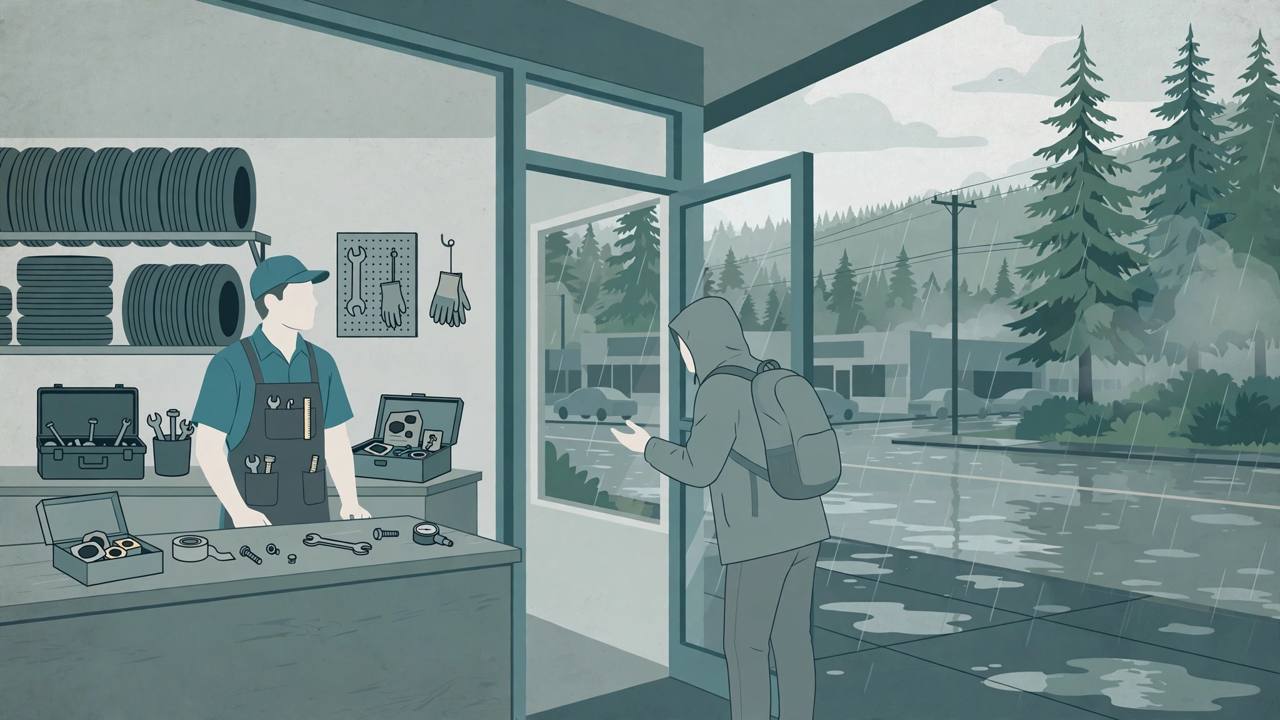 Editorial illustration of a small tire shop on a rainy street in Lynnwood, Washington, with a worker at the counter and evergreen trees outside