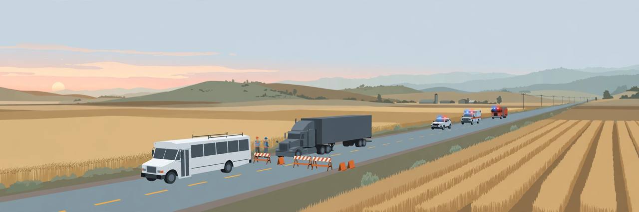 Editorial illustration of a generic work bus and a generic semi-truck stopped on a rural Washington highway at dawn with generic emergency vehicles in the distance, flat style, no people identifiable, no text