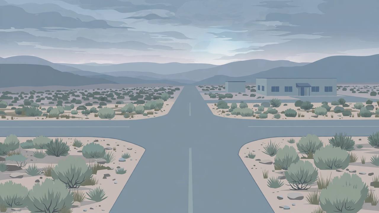 Editorial illustration of a quiet desert-road intersection at dawn in eastern Washington and a plain municipal police station building, no people and no incident depicted