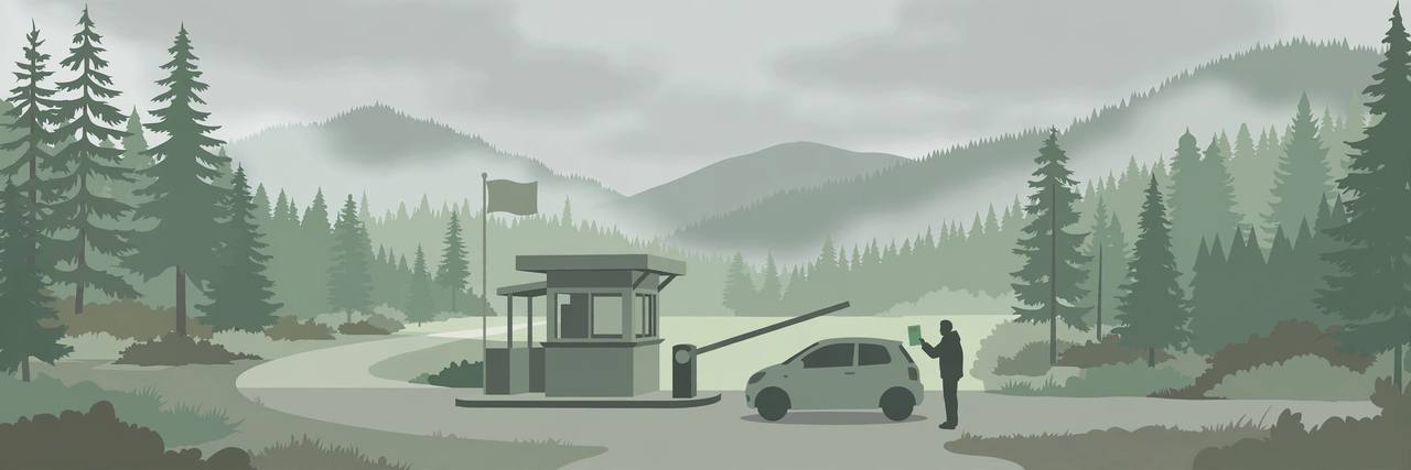 Editorial illustration of a small US-Canada border crossing booth among pine trees, with a car stopped and a traveller holding a plain green card document