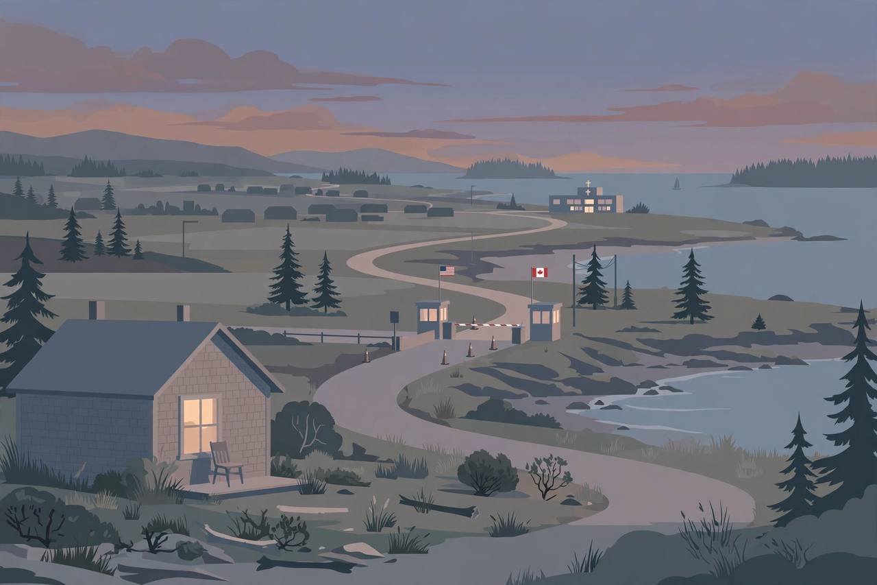Editorial illustration of a small coastal border-town house at dusk, a winding road through a border checkpoint toward a distant hospital, flat style, no real person depicted