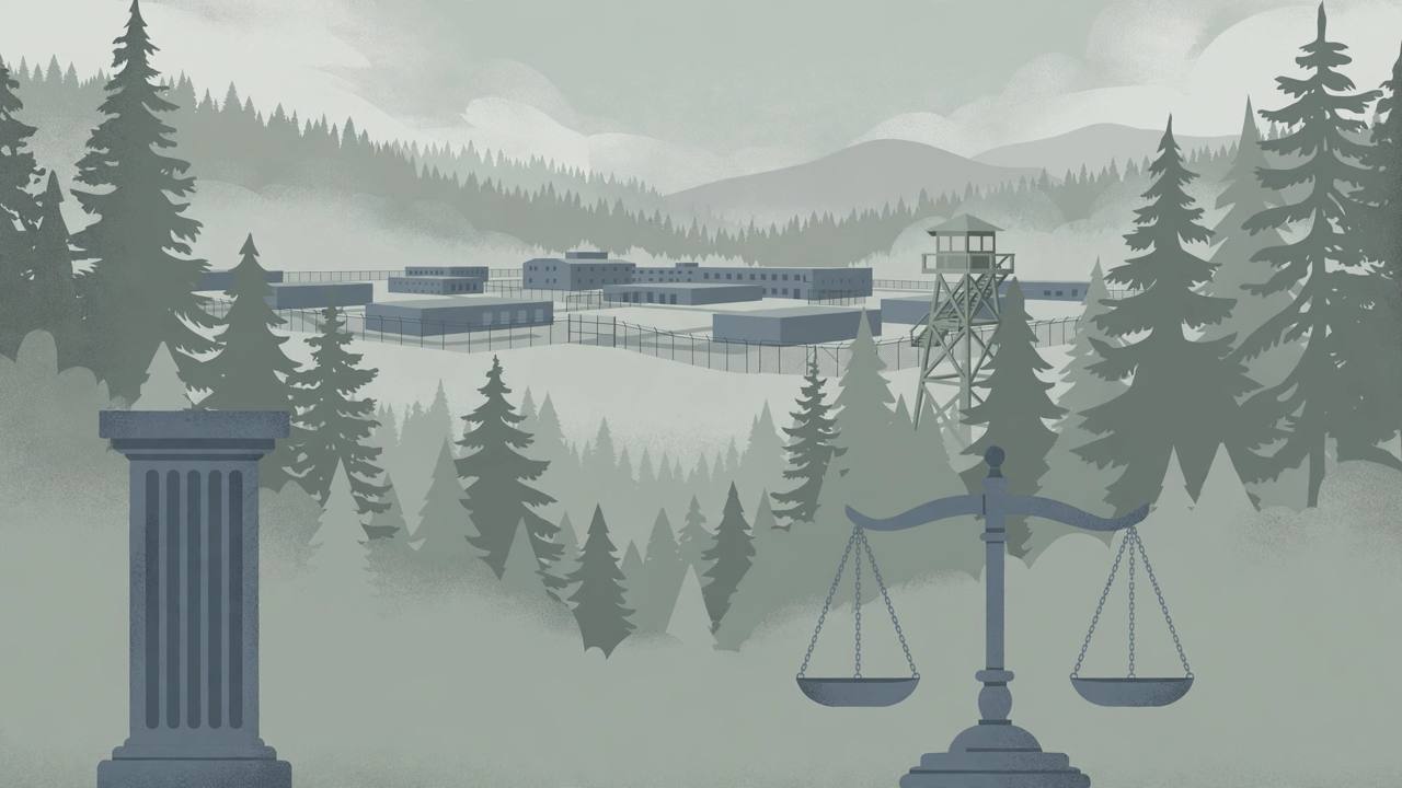 Editorial illustration of a Pacific Northwest prison complex with a watchtower, evergreen trees and courthouse columns in the foreground