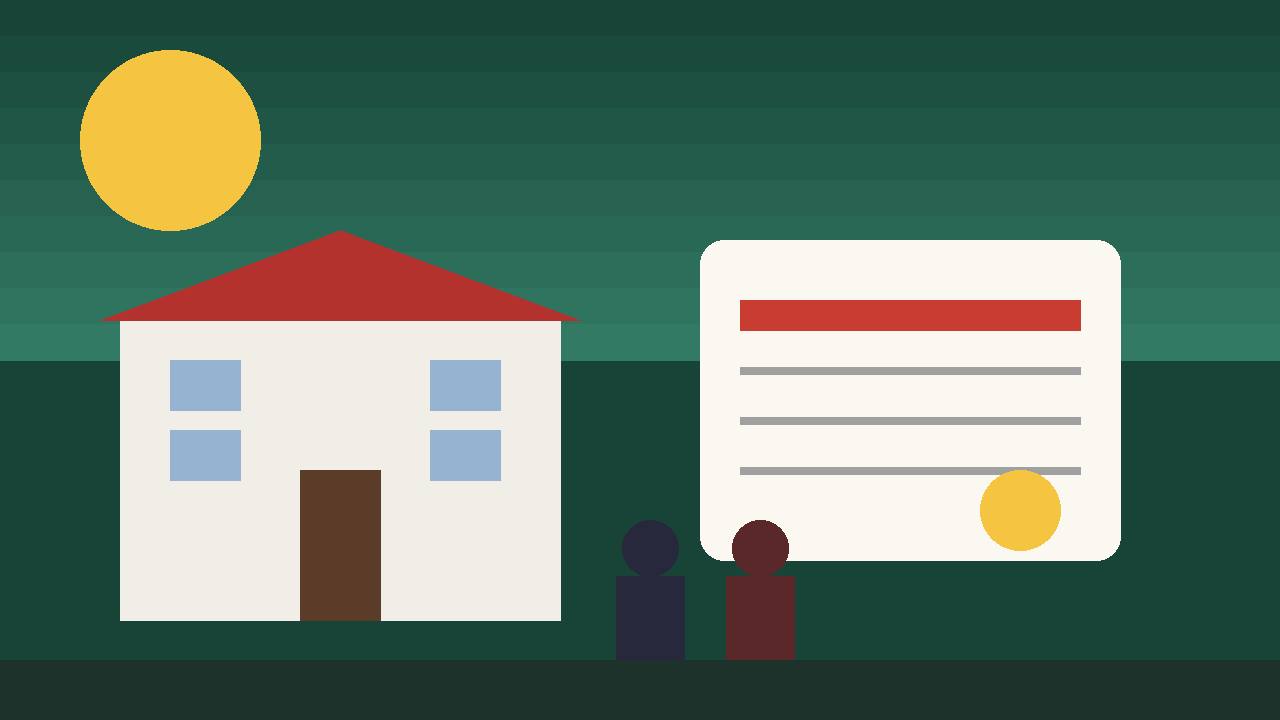 Editorial illustration of a public-service building and a loan document with a seal, flat style, generic figures with no facial features