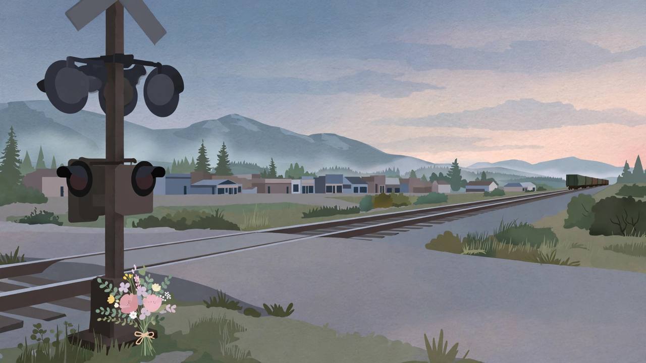 Editorial illustration of a quiet empty railroad crossing at dusk in a small town, flowers beside the crossing signal and a distant train, flat style, no text, no people, no incident depicted