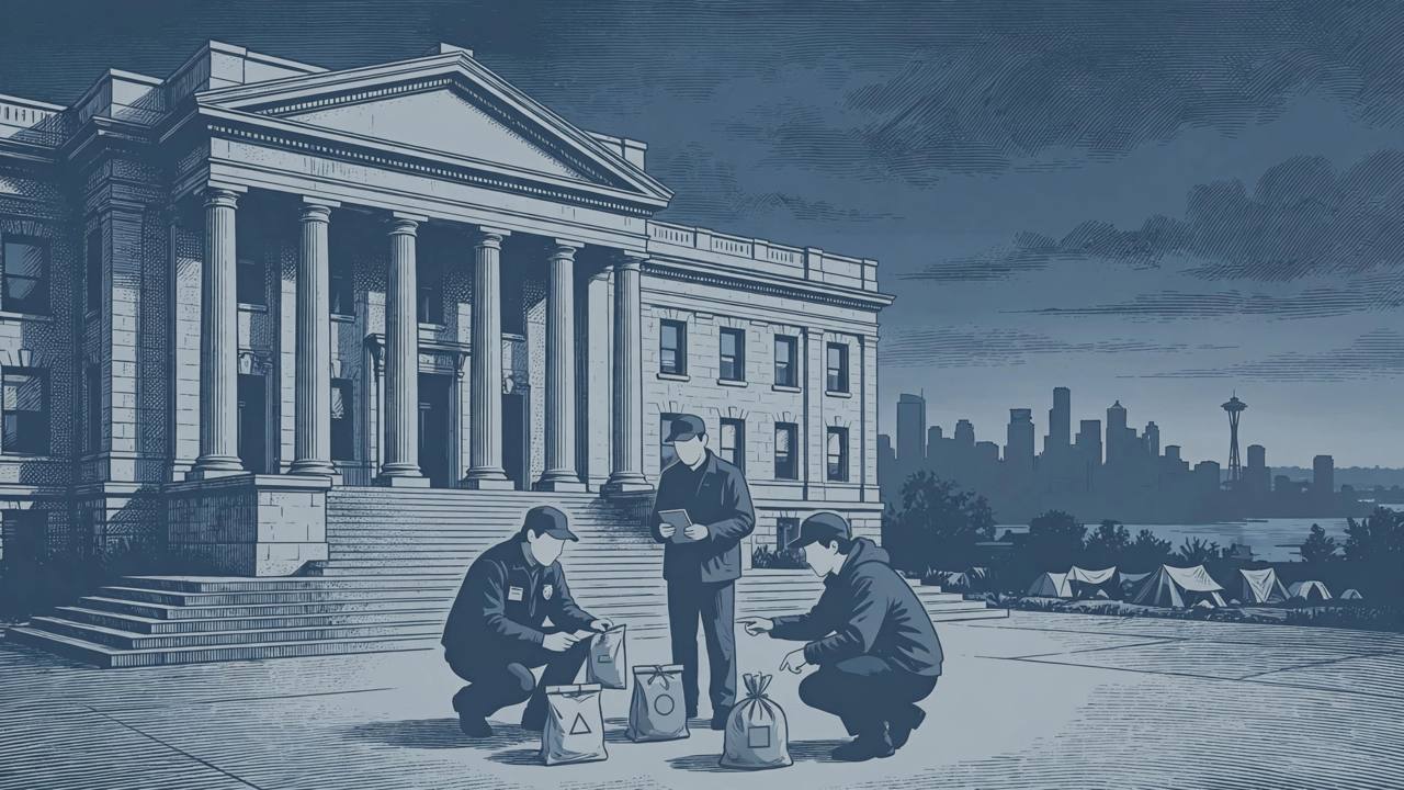Editorial illustration of a federal courthouse in Seattle at dusk with generic investigators and evidence bags, a skyline and a distant encampment silhouette in the background