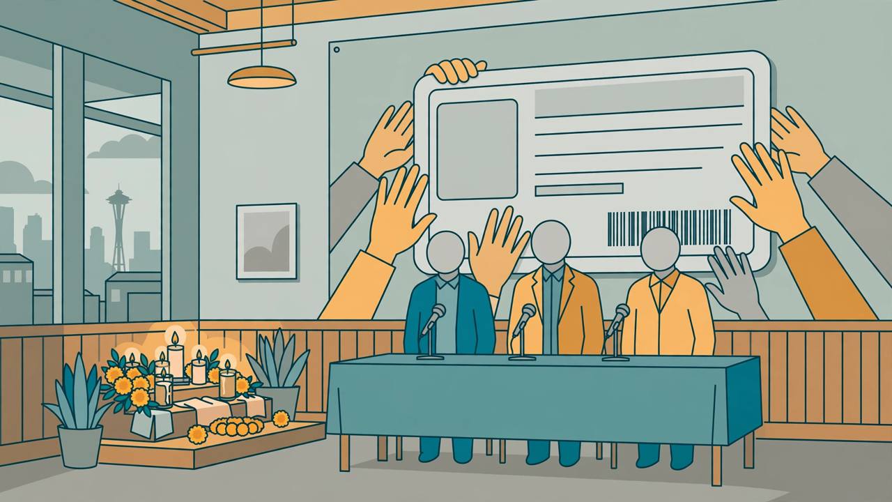 Editorial illustration of a community press conference with generic figures, microphones, a remembrance altar with candles and marigolds, and a driver's licence silhouette shielded by raised hands