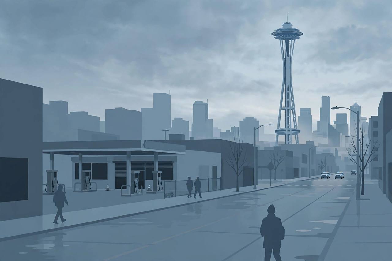 Editorial illustration: a quiet Seattle street at dawn near the Space Needle with a closed gas station, generic figures only, no real person's likeness
