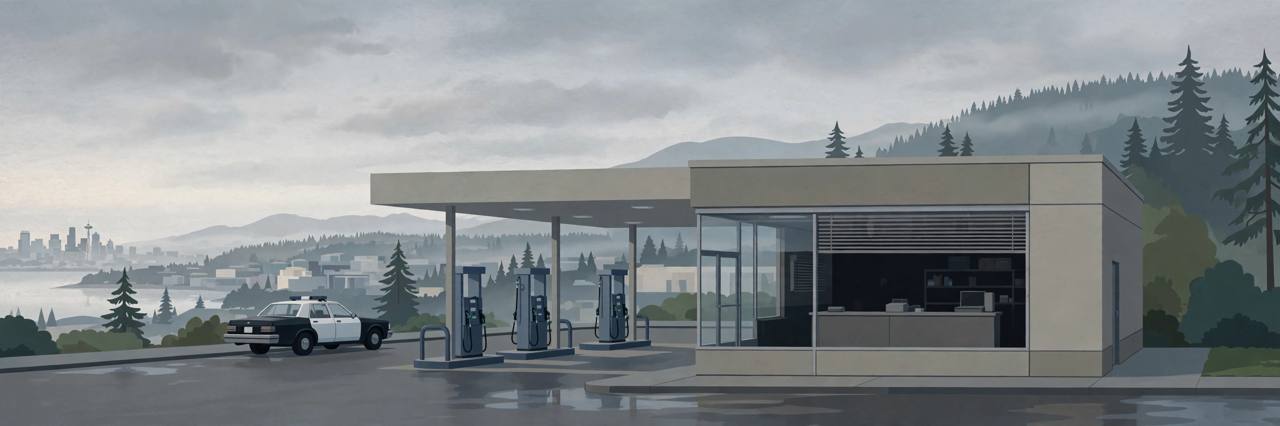 Editorial illustration of a generic gas station exterior in Seattle at dawn with a police car parked outside, flat style, no text, no real person or place depicted