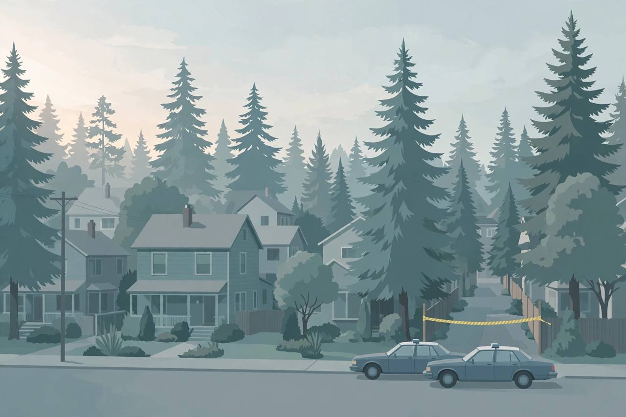 Editorial illustration of police cars and tape on a quiet tree-lined residential street in Seattle's Fremont neighbourhood in the early morning