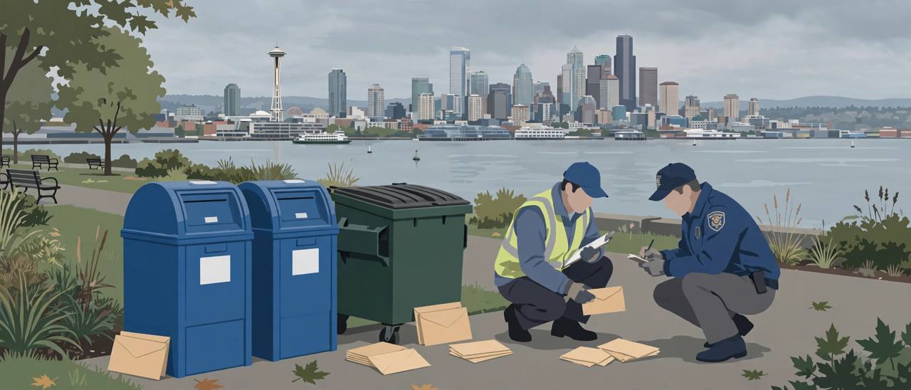 Editorial illustration of a waterfront park in Seattle with mail bins beside a dumpster, sealed generic election envelopes, and generic election and postal officials examining the scene, skyline and water behind, flat style, no real person depicted