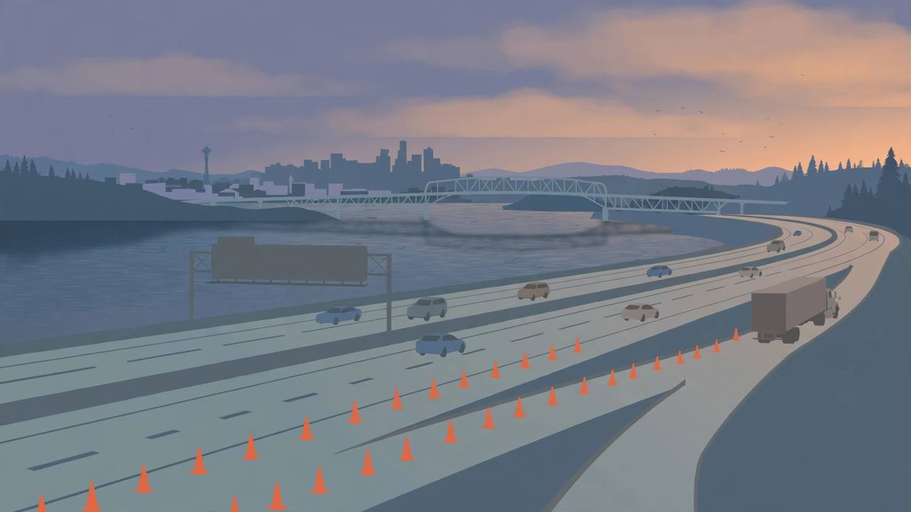 Editorial illustration of a multi-lane interstate highway near a city bridge over water at dusk with orange construction cones closing lanes and generic cars and a semi truck, flat style, no text, no real person depicted