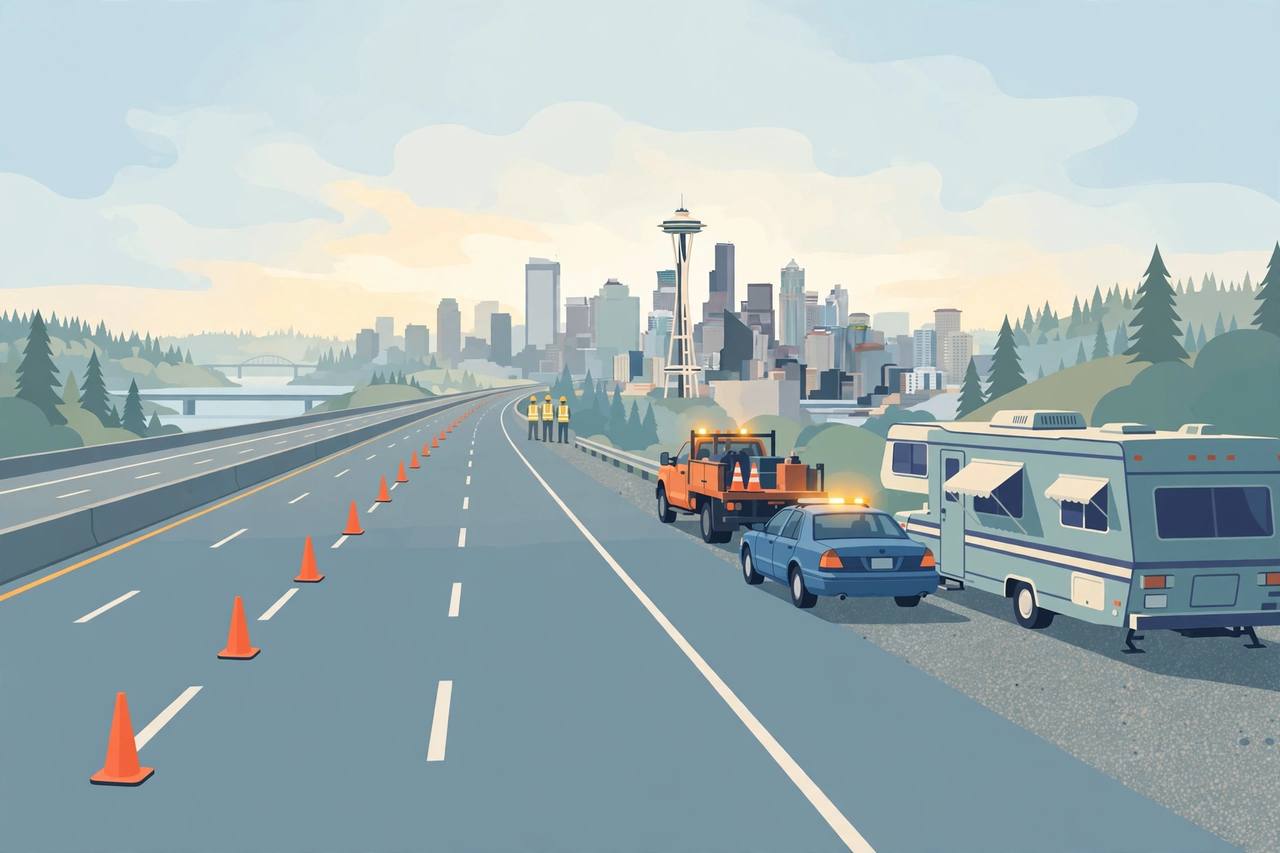 Editorial illustration of a Seattle interstate highway in the morning with three lanes closed by traffic cones, a motor home on the shoulder and a patrol car nearby — generic figures, no real person's face, no crash damage depicted